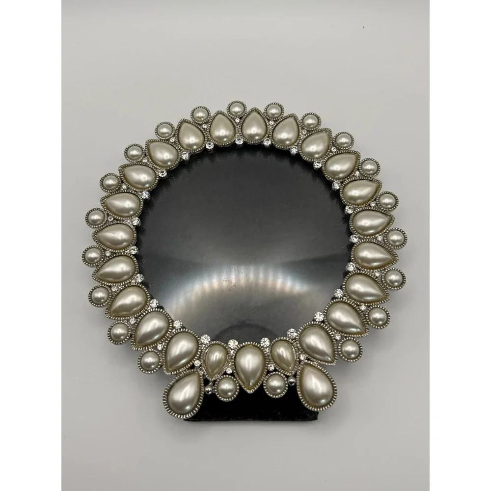Decorative Jeweled Picture Frame‎ Pearl Rhinestone Ornate Tabletop Silver Tone